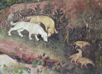 Juni måned, detalje af hunde og agerhøns, ca. 1400